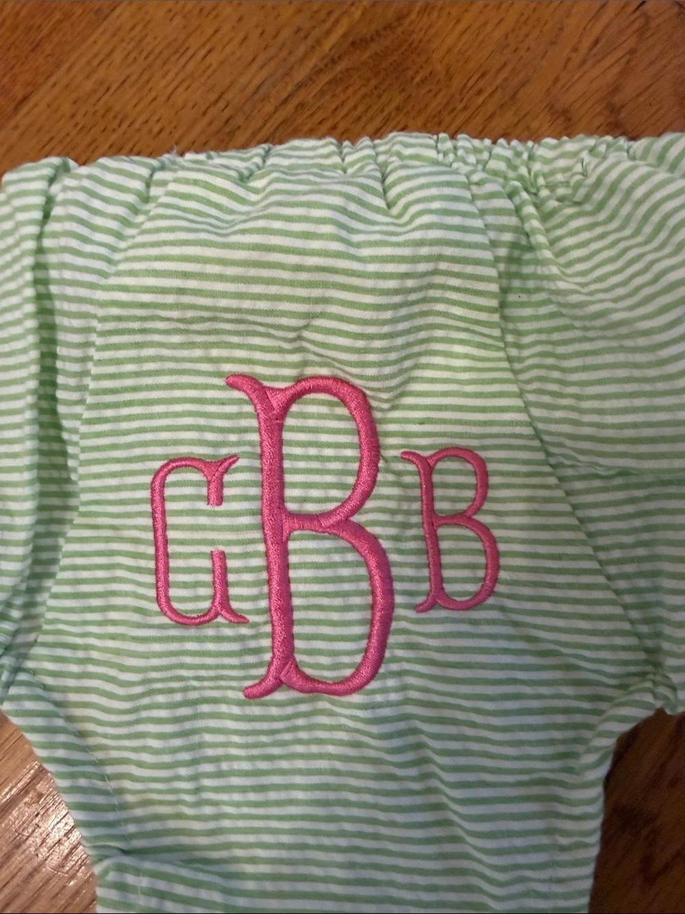 Monogrammed Green Stripe Diaper Cover with Pink Embroidery CBB